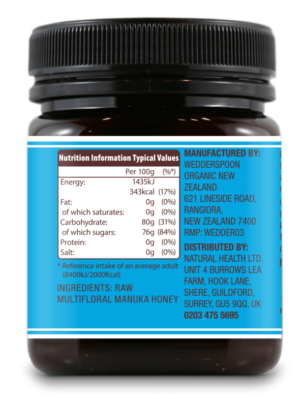 Wedderspoon KFactor™ 12 - surovi Manuka med s 65% cvetnega prahu od manuke, 250 g - hranilna vrednost