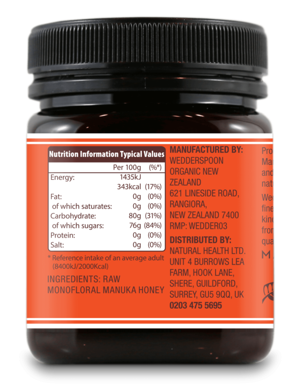 Wedderspoon KFactor™ 16 - surovi Manuka med s 75% cvetnega prahu od manuke 250 g - hranilne vrednosti